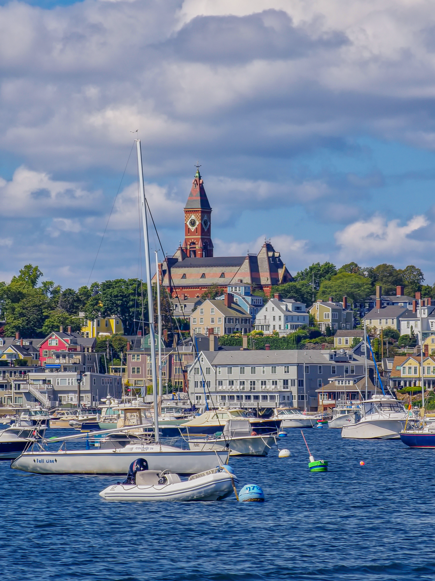 Marblehead harbor with sailboats and Abbot Hall rising above the waterfront
